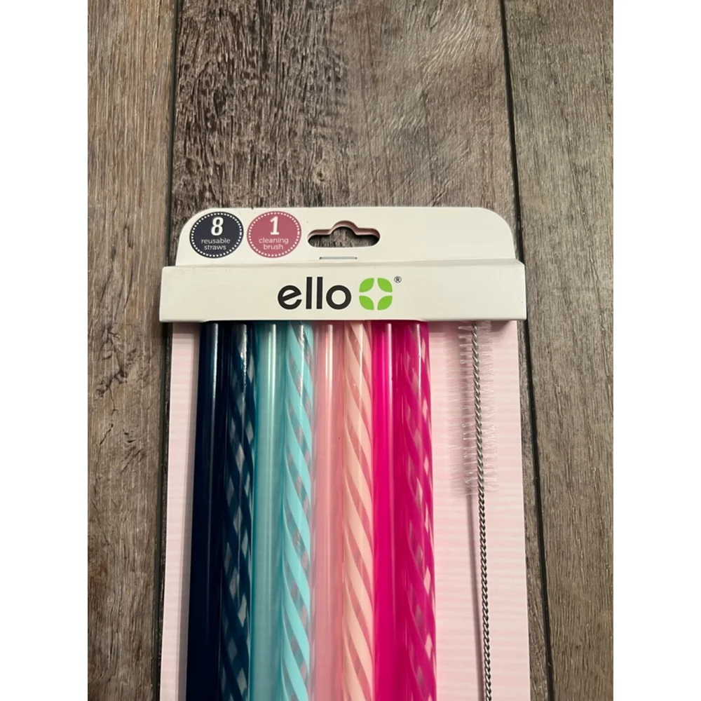 NEW Ello Reusable Plastic Straws with Cleaning Brush, One Size, Blue & Pink